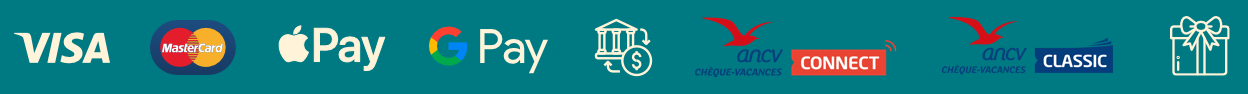 Moyens de paiement acceptés : Visa, Mastercard, Apple Pay, Google Pay, Virement, ANCV Connect, ANCV Classic